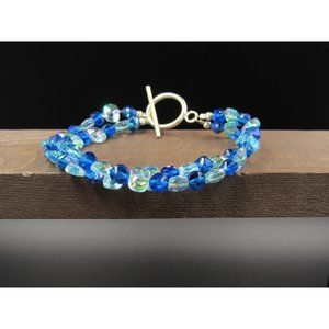 7" Sterling Silver Two Strings Of Blue Crystals Bracelet Vintage Elegant